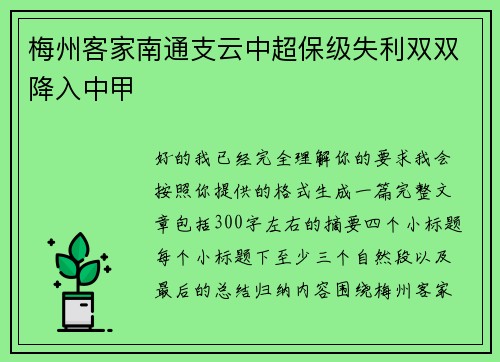 梅州客家南通支云中超保级失利双双降入中甲