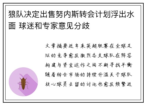 狼队决定出售努内斯转会计划浮出水面 球迷和专家意见分歧 狼队决定出售努内斯转会计划浮出水面 球迷和专家意见分歧